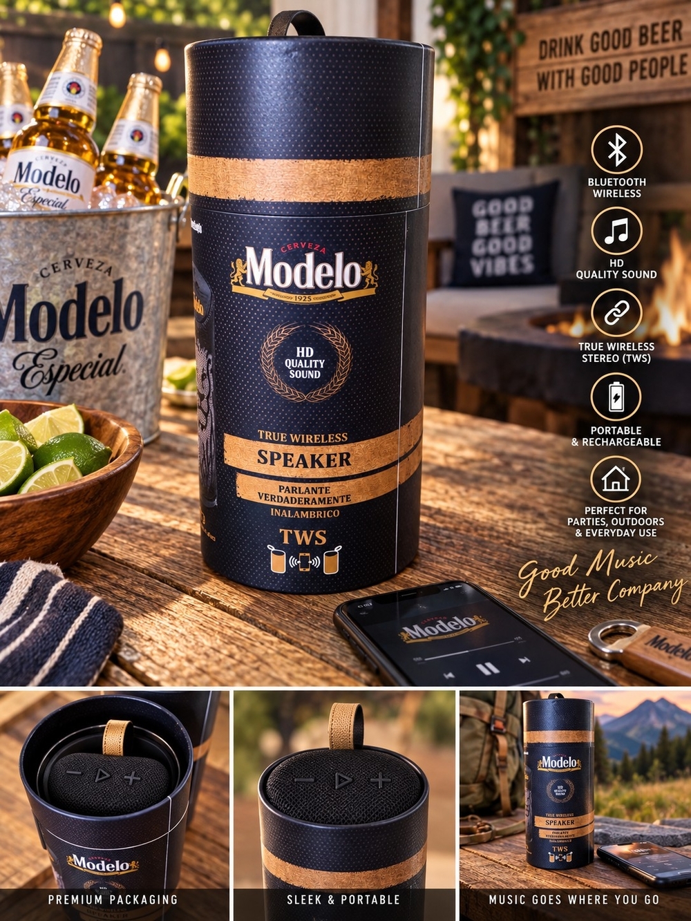 ModeloBlack & Gold Portable True Wireless Speaker Rechargeable